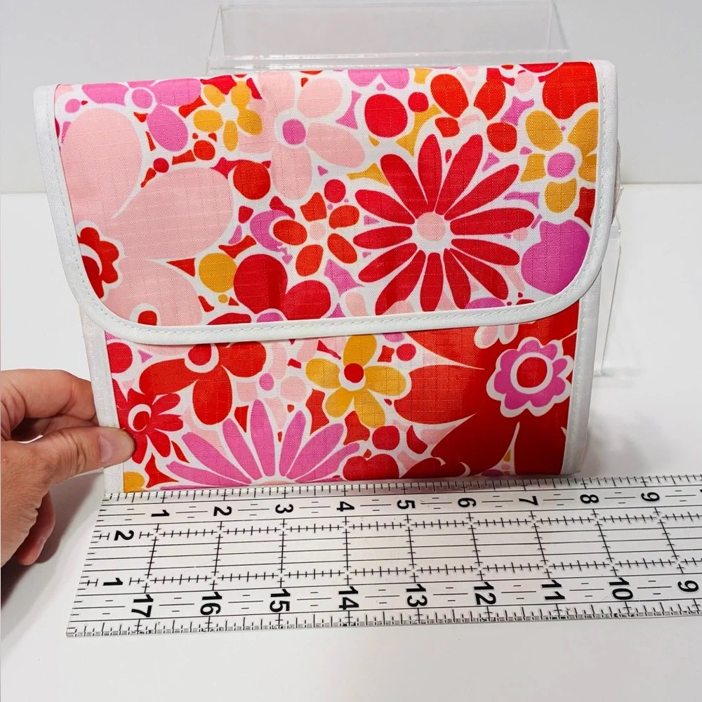 Clinique Floral Cosmetic Bag Pink Red Orange 3”D x 8”W x 6.5”H